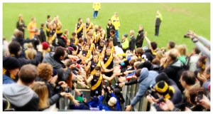 Richmond's captain Trent Cotchin leads his team down the race. Pic: Nicko