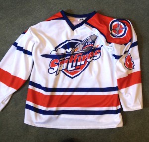 The Interceptors jersey that caused all the trouble ... the Jets told us, before last summer's comp, that the white alternate jersey might not be available in time for a game where we needed it, so could we come up with another white option? Zac, one of the Ceptors, is a graphic designer and drew up this baby, and we had them made, fast. Weonly wore them a coupleof times in official comp but Jets officials went nuts, saying we were disloyal, not part of the club etc. Was awkward. I scored my only official summer league goal, swinging from a faceoff drop, straight into the net, wearing this (I scored three, but the other two weren't officially tallied). Pre-season I had toyed with being No. 4 instead of No. 17, which is why this pre-order had that number. 