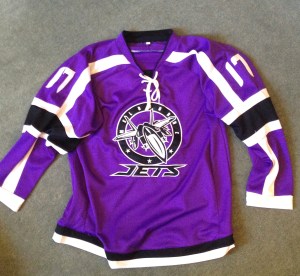 Maybe my favourite jersey of all time, because it was my first official jersey as a member of an actual team, in IHV competition. As part of the Jets, I played with the Interceptors, as logged in the blog, and even got to put a big white A on my breast, which was one of the best moments of the crazy hockey adventure so far. Loved, and continued, to love  the Ceptors.