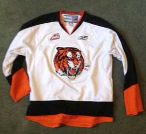 This is the jersey I was wearing in the first ever wobbly-skating shot on this blog. Medicine hat white: a cool early Richmond Tigers-hockey-obscure Wings crossover. Big Cat shamelessly stole the black version, which is cooler, damn him.