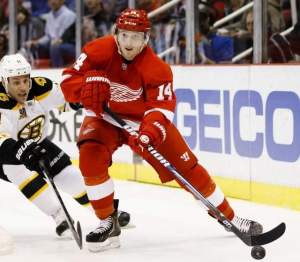 Gus Nuyquist, finally where he belongs: wearing the winged wheel and tearing it up at the Joe. Pic Detroit Free Press.
