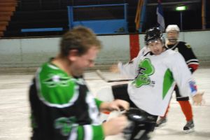 Wayne McBride does his best Frank the Tank post-brawl celebration, after 'fighting' Apollo Patrick in the Charlie game. Pic: Big Cat.