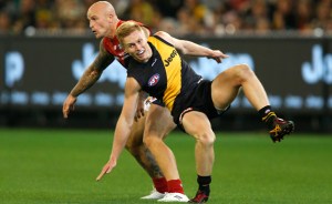 Tiger Nathan Drummond buckles his knee in his first game. Pic AFL Media