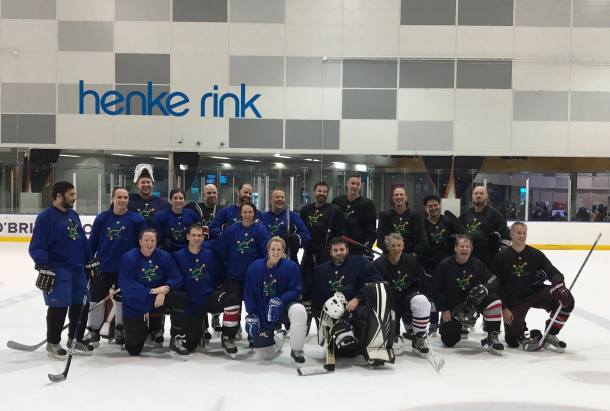 Nate and Christine's engagement classic, the after-game photo. They argued about whether the other had stacked their team, she bent the rules to score on a penalty shot. It was marriage, summarised,on ice. Pic: Veronica Ryan